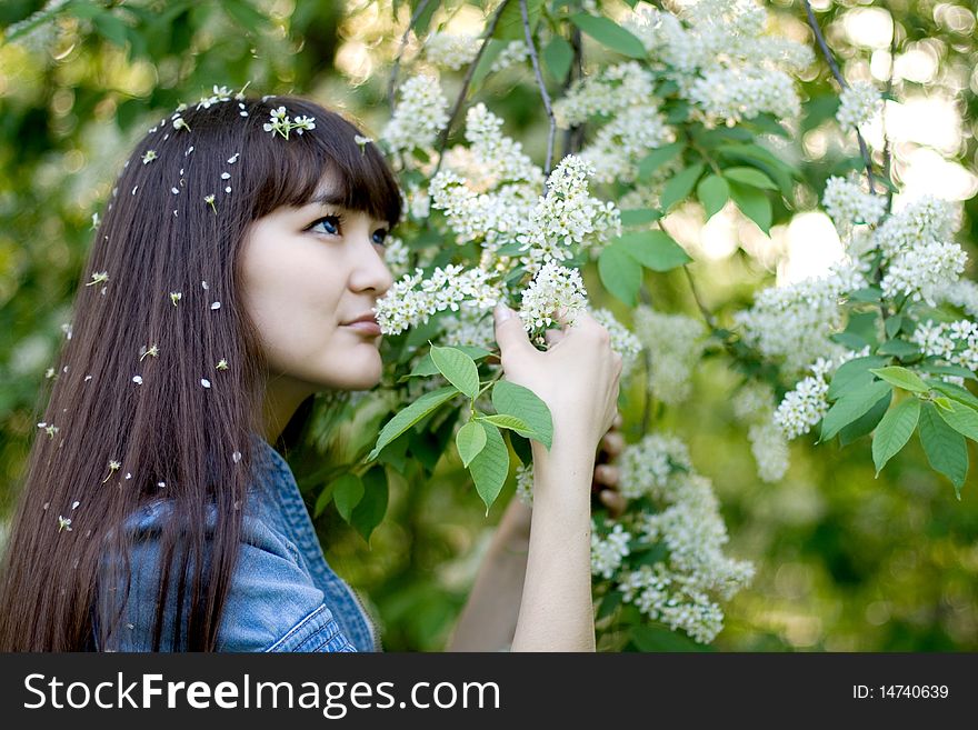 Girl standing near lilac in blossom