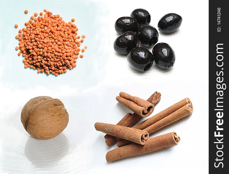 Isolated food ingredients - Lenses Olives Walnut Cinnamon