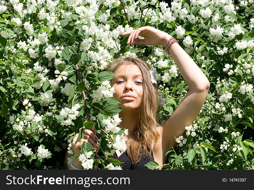 Girl standing near lilac in blossom