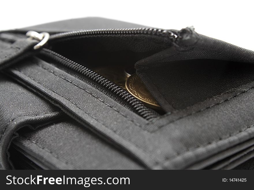 Black wallet opened with coins inside on white background. Black wallet opened with coins inside on white background