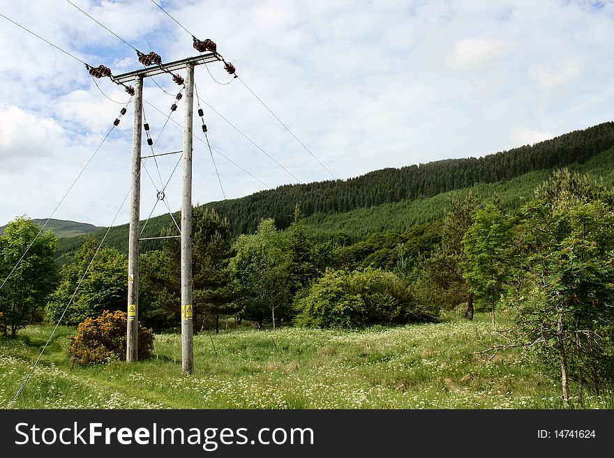 Powerlines providing electricity to rural land. Powerlines providing electricity to rural land