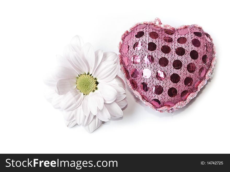 Pink heart with a flower on a white background,. Pink heart with a flower on a white background,