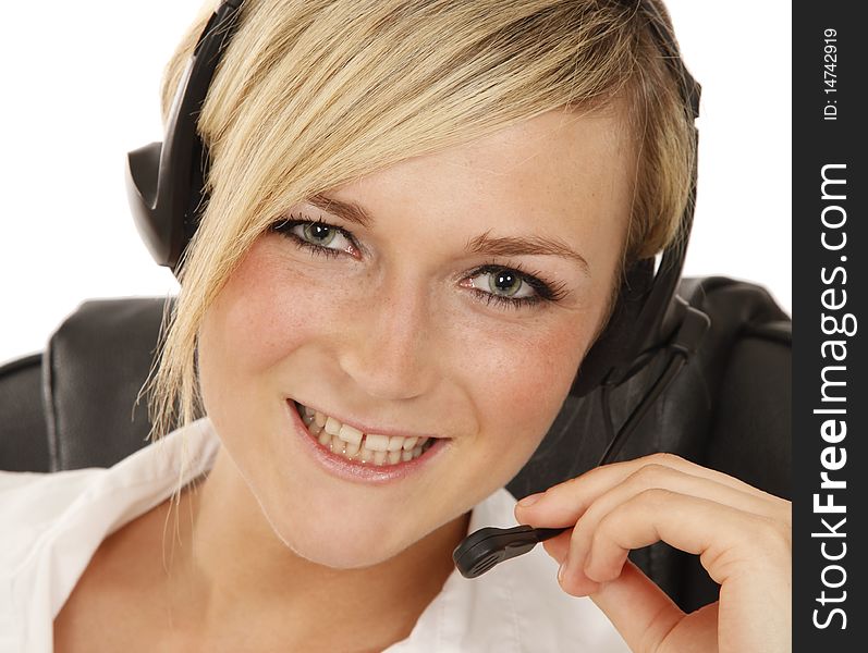 Young girl with headset smiling. Young girl with headset smiling