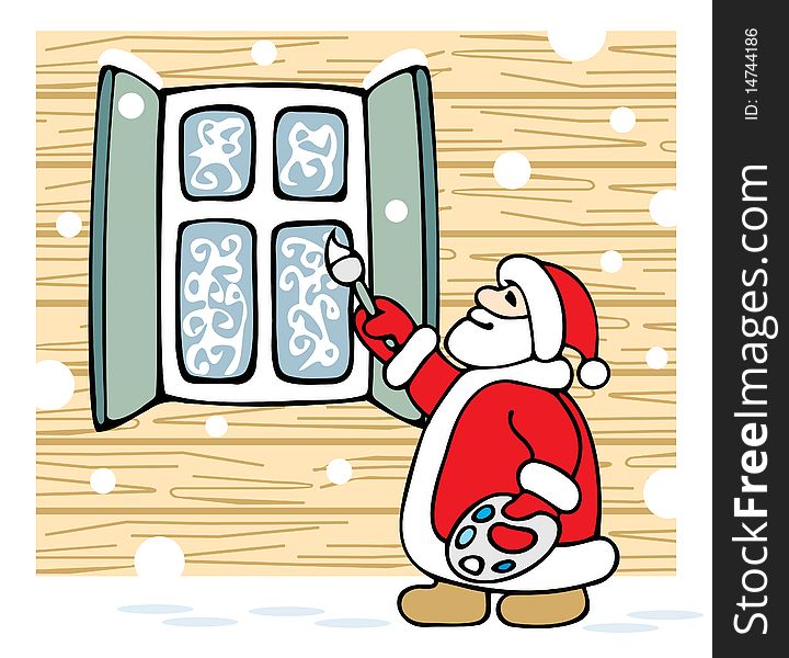 Santa draws patterns on the window. Vector illustraion.