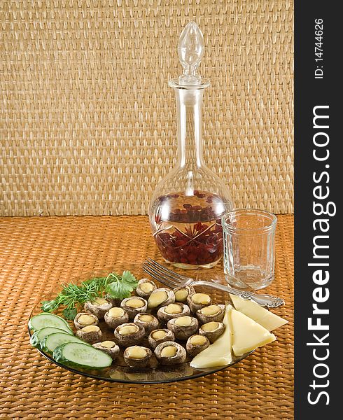 Tincture on cranberry and mushroom appetizer with cheese. Tincture on cranberry and mushroom appetizer with cheese