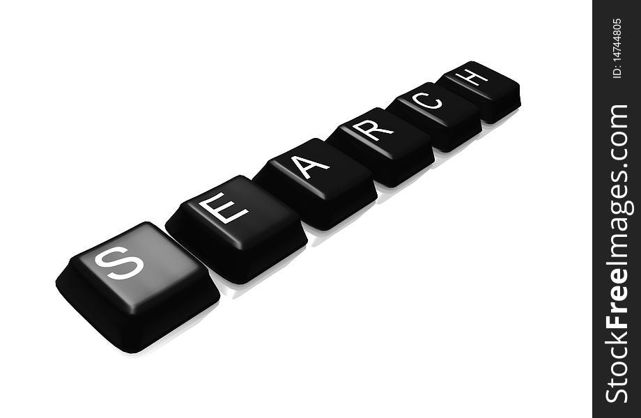 Black computer keyboard buttons spelling out the word search on a white background.