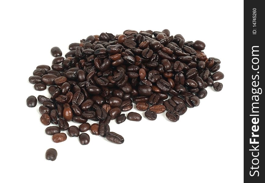 Mound of coffee beans on a white background