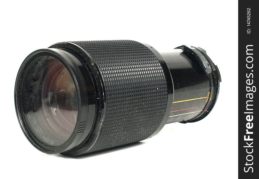 Old camera lens on a white background