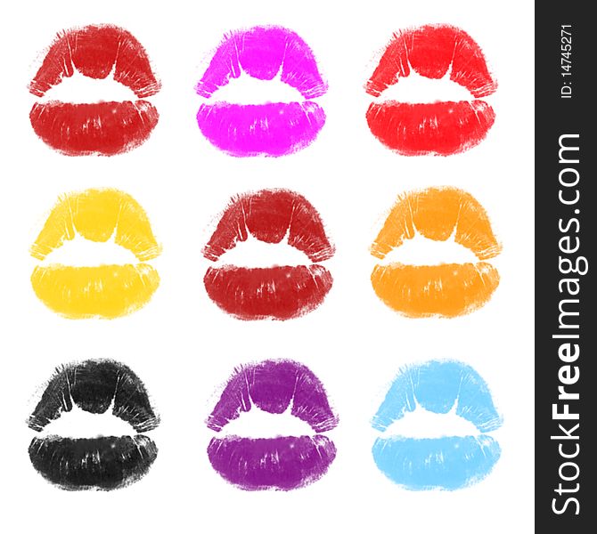 Lipstick kisses ,colored lipstick on a white background