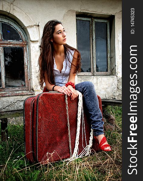 Beautiful Girl With Red Suitcase.
