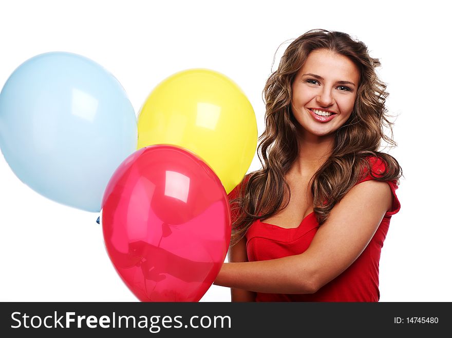 Young beautiful woman with three color balloons. Young beautiful woman with three color balloons