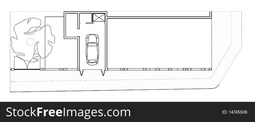 Plan of the ground floor of a house contains a garage. Plan of the ground floor of a house contains a garage