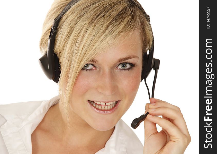 Beautiful hotline girl with tooth spacing talking. Beautiful hotline girl with tooth spacing talking