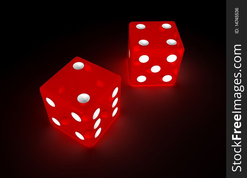 3d render of two glowing red dice in the dark