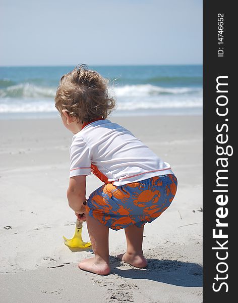 A toddler boy playing while digging in the sand on the beach by the ocean. A toddler boy playing while digging in the sand on the beach by the ocean.