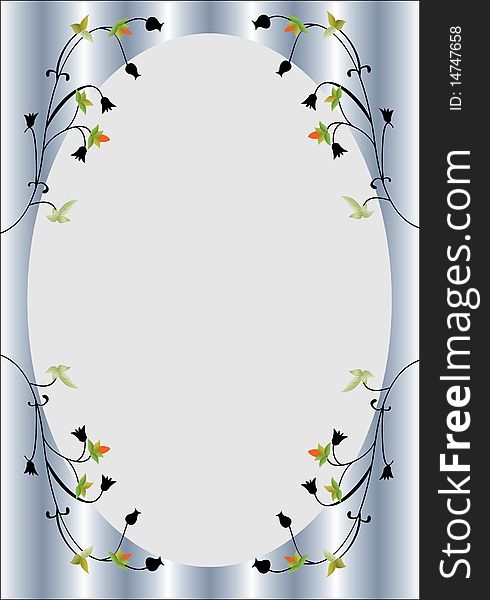 Romantic card with silver lines and oval centre. Flowers around the edge