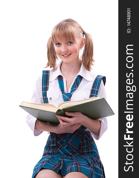 Senior high school student in uniform with documents is sitting on the stack of book. Young and beautiful schoolgirl is wearing a traditional uniform is reading textbook. Senior high school student in uniform with documents is sitting on the stack of book. Young and beautiful schoolgirl is wearing a traditional uniform is reading textbook.