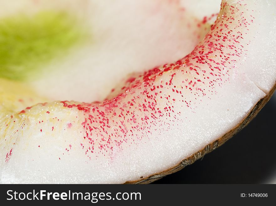 The open coco, which has become covered by red allocation, be mouldy, toadstool (microorganisms). The open coco, which has become covered by red allocation, be mouldy, toadstool (microorganisms)