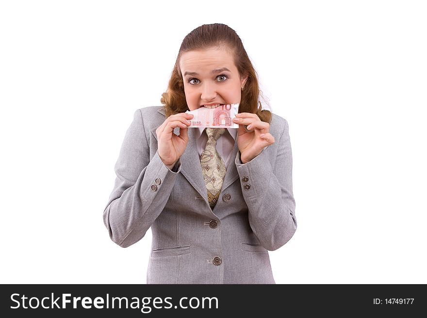 Business woman eating some money. Businesswoman isl holding 10 euro