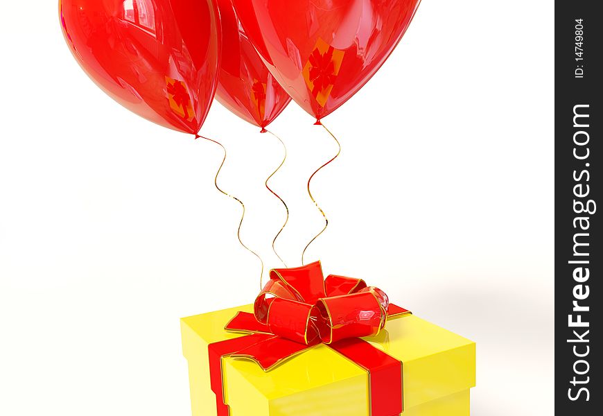 Wellow gift box and red balloons on white