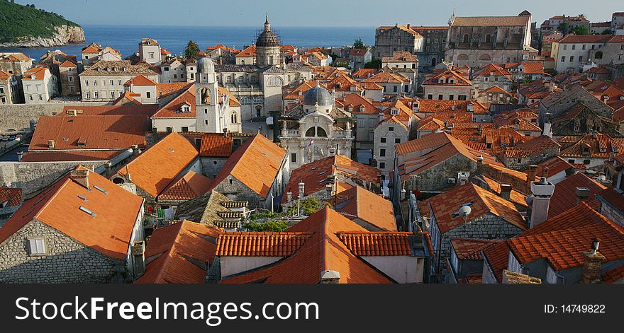 The ancient city of Dubrovnik, Croatia, in the Adriatic Sea at sunset.