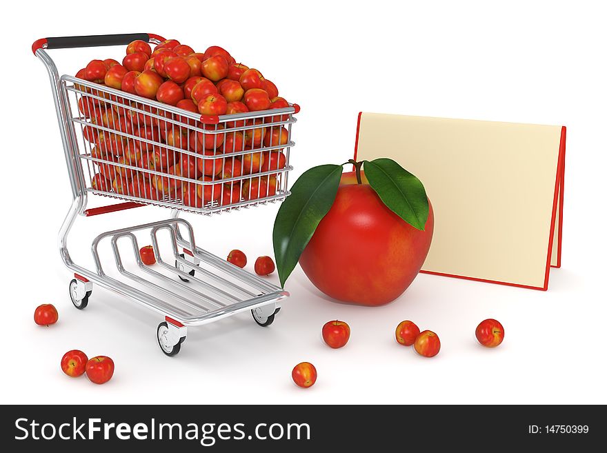 High detailed photo-realistic 3d render of red apples in a shopping cart. High detailed photo-realistic 3d render of red apples in a shopping cart