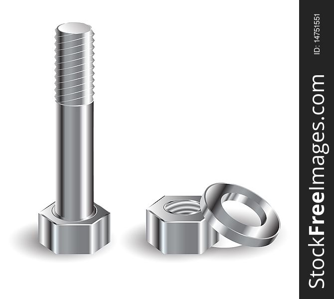 Illustration, bolt, nut and puck on white background