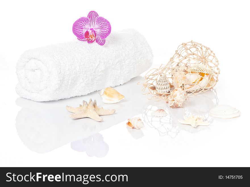 White towel with Orchid an Seashells on white with beautiful reflection.