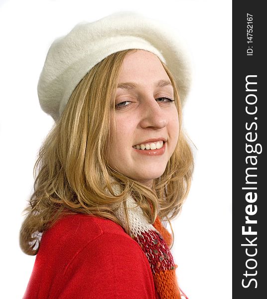 Smiling beautiful young woman in white beret