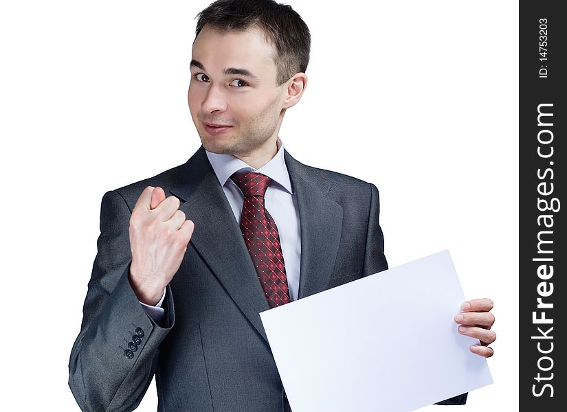Holding a blank paper businessman say no
