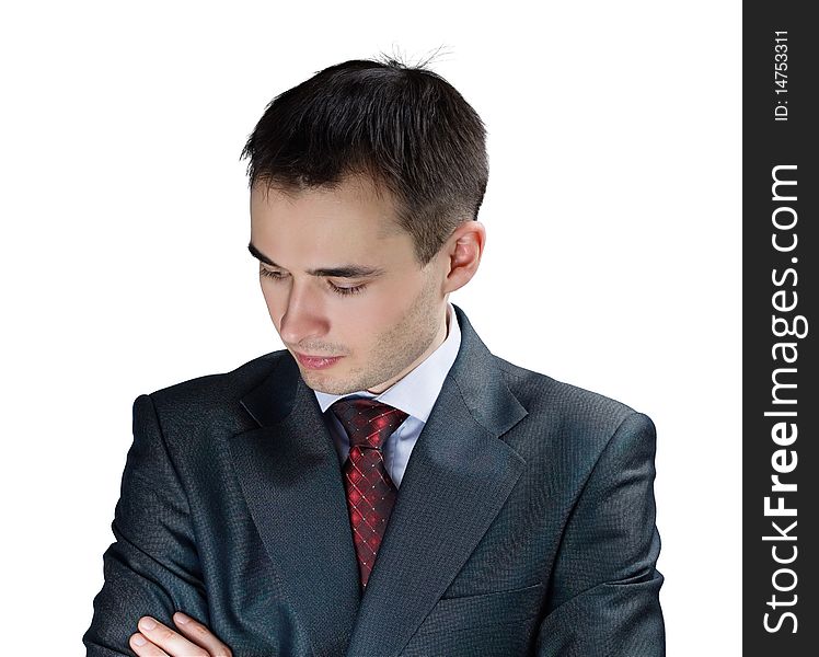 Portrait of young thoughtful businessman isolated