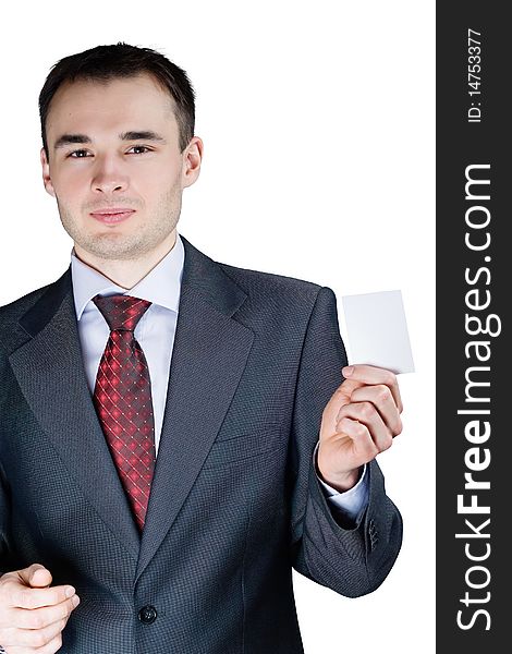 Portrait of businessman holding a blank card
