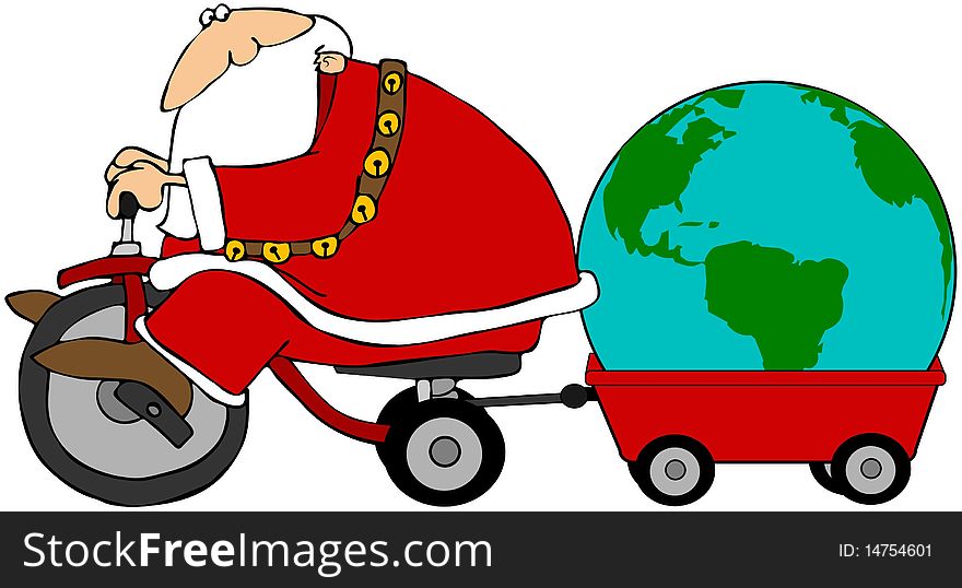 This illustration depicts Santa Claus riding a tricycle and pulling an earth globe in a wagon. This illustration depicts Santa Claus riding a tricycle and pulling an earth globe in a wagon.