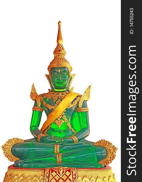 Green Buddha statue in thai temple isolated on a white background.