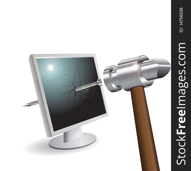 Illustration, gavel hammers a nail with liquid-cristal monitor. Illustration, gavel hammers a nail with liquid-cristal monitor