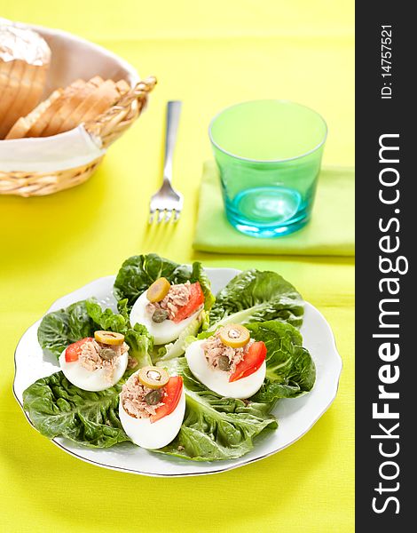 Salad plate of letuce egg tuna and olive. Salad plate of letuce egg tuna and olive