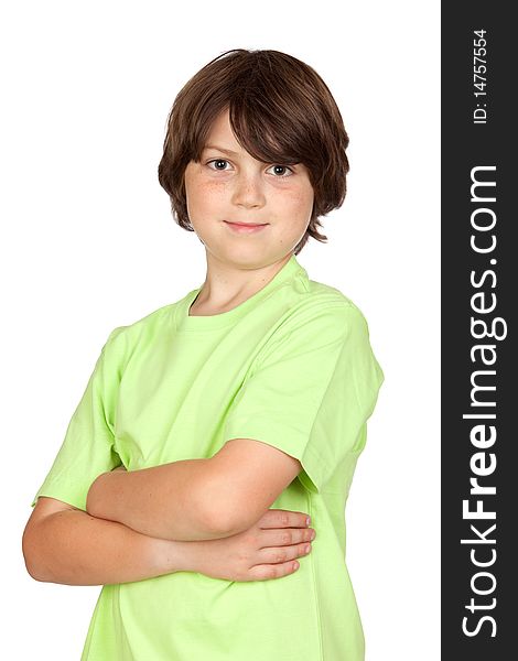 Funny portrait of freckled boy isolated on white background