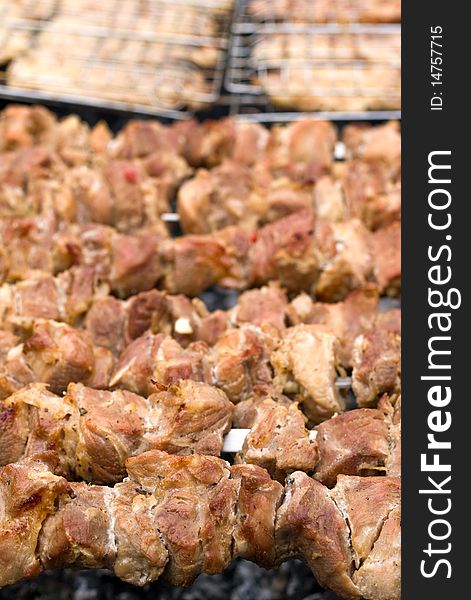 Juicy meat roasted kebabs on the barbecue