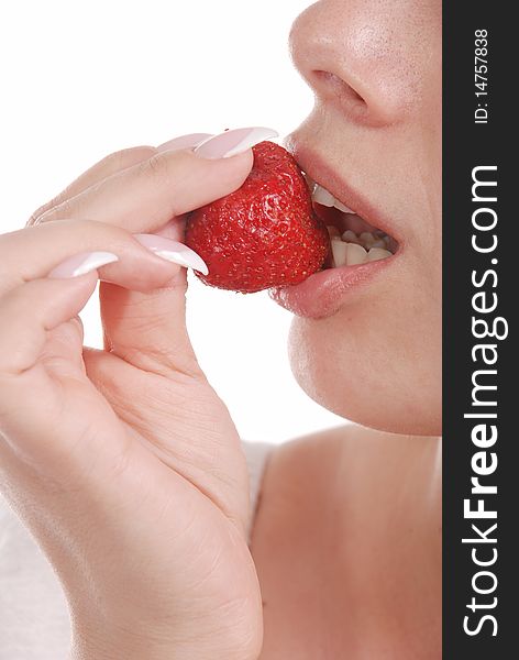 Beautiful mouth eating strawberry on white background. Beautiful mouth eating strawberry on white background