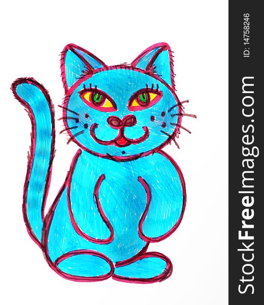 Blue cat hand drawn illustration on white background