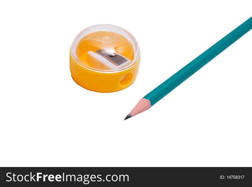 Yellow pencil sharpener as instrument for sharpening wood pencil