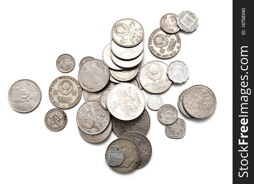 Various coins of the ancient sample on a white background