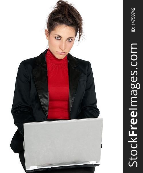 Young businesswoman tired about laptop isolated on white background