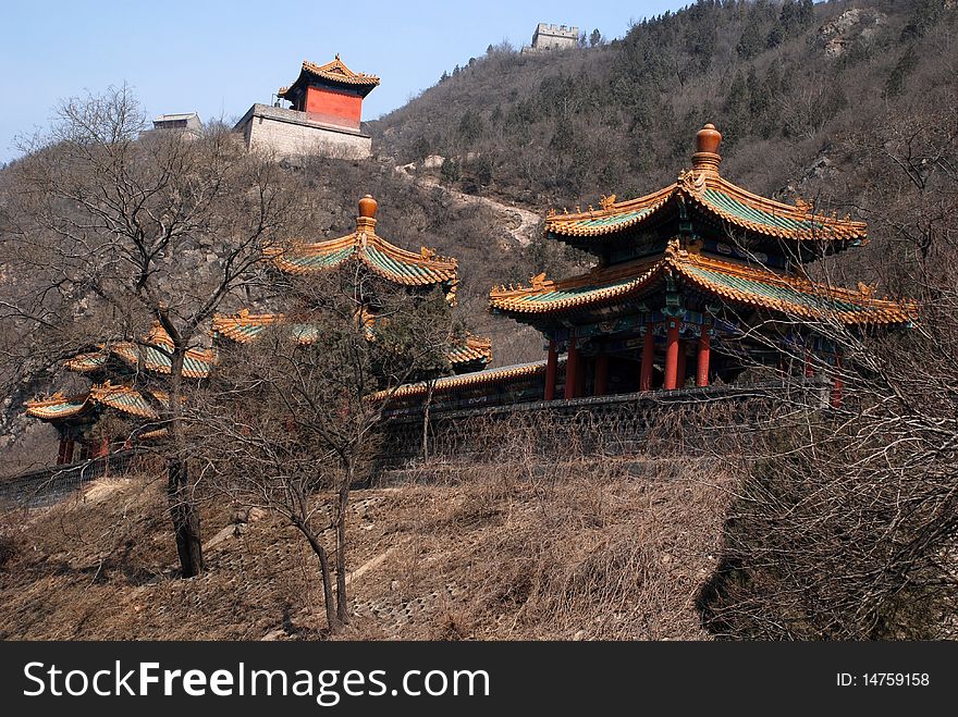 Landscape with three chinese pagoda on hills near Great Wall in early spring.