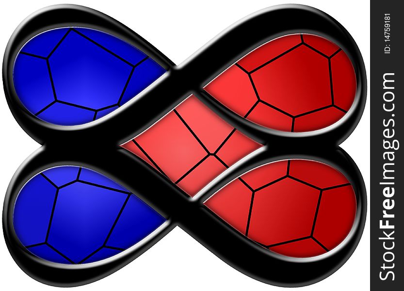 Beveled red and blue stained glass hearts created by infinity symbols. Beveled red and blue stained glass hearts created by infinity symbols.