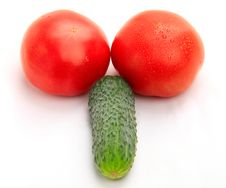 Two Tomatoes And Cucumber On White Background Royalty Free Stock Photos