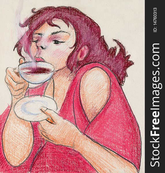 Girl drinking hot tea, color pencil drawing. Girl drinking hot tea, color pencil drawing