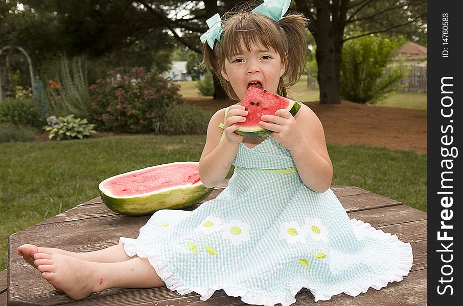 Small girl sitting on picnic table enjoying a large slice of watermelon. Small girl sitting on picnic table enjoying a large slice of watermelon.