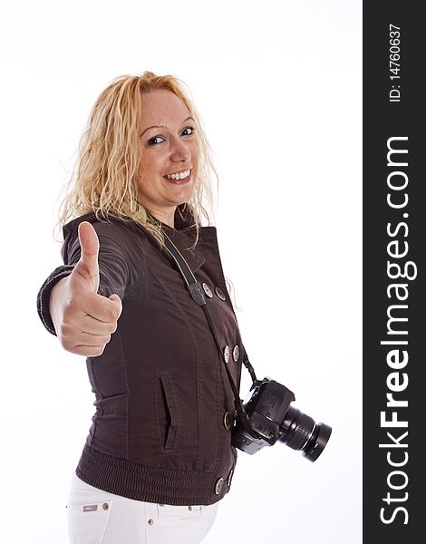 Woman doing OK with hand with camera