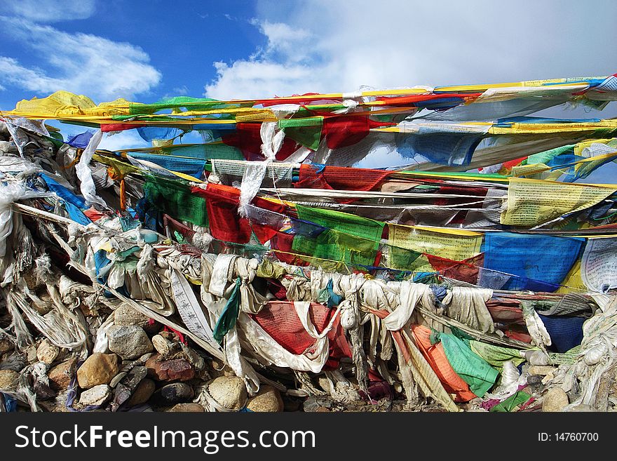 Colorful prayer flags in Tibet,with blue skies as backgrounds